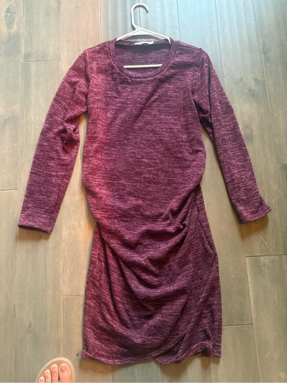 Long Sleeve Maternity Ruched Knit Dress in Burgundy Heather